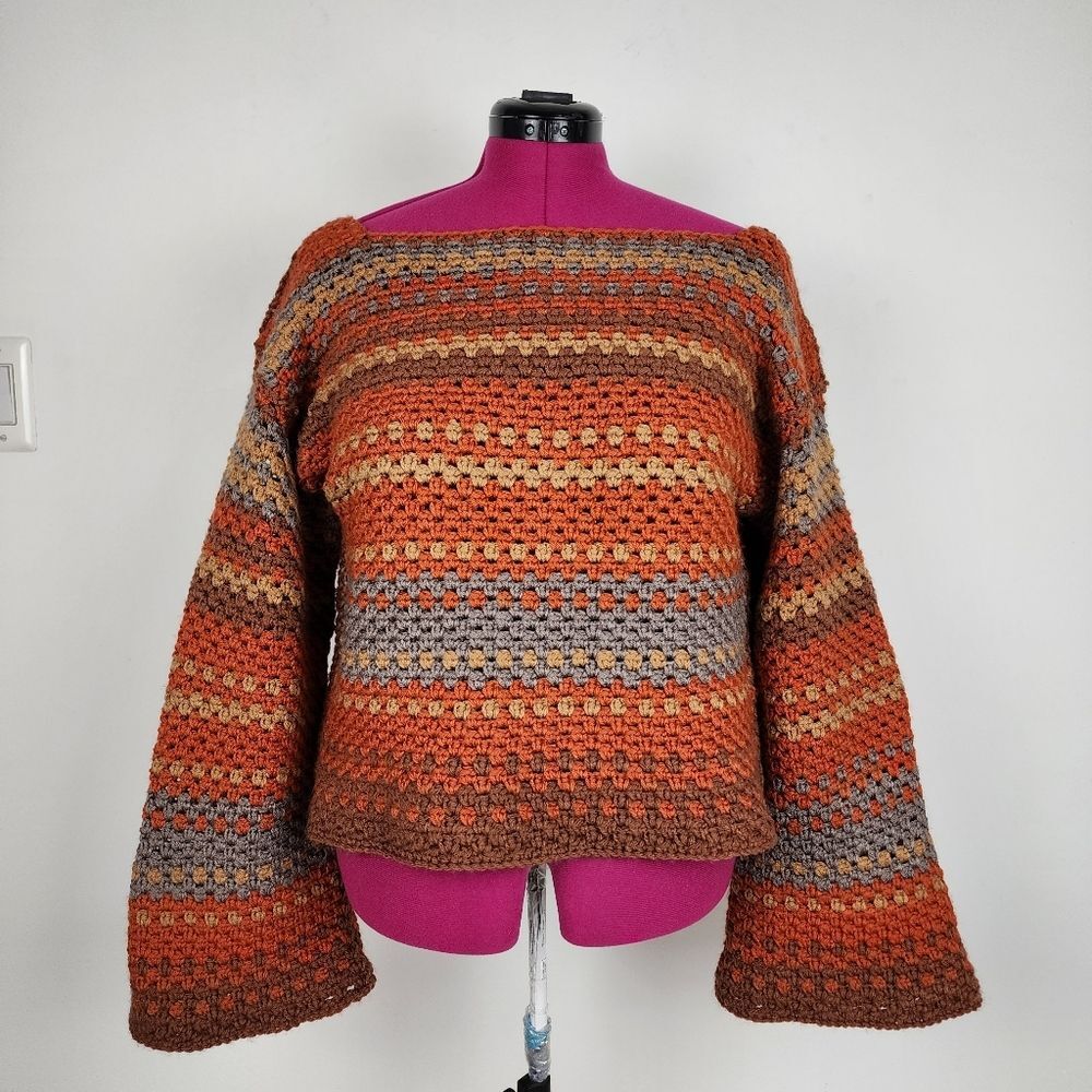 New Handmade Crochet Crop Sweater Boho Multicolor Striped Boat Neck Pullover OS - Picture 15 of 15